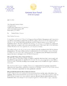 Letter from Governor Sean Parnell to Rebecca Blank, Deparment of Commerce re: declaring a chinook salmon disaster