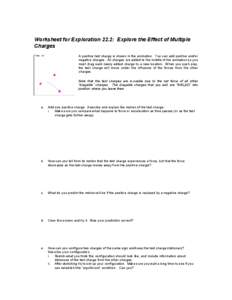 Worksheet for Exploration 22.2: Explore the Effect of Multiple Charges A positive test charge is shown in the animation. You can add positive and/or negative charges. All charges are added to the middle of the animation 