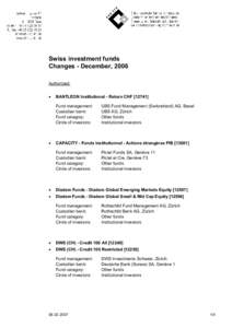 Swiss investment funds Changes - December, 2006 Authorized: •  BANTLEON Institutional - Return CHF[removed]]