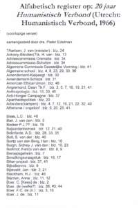 Alfabetisch register op: 20 jaar Humanistisch Verbond (Utrecht: Humanistisch Verbond, [removed]voorlopige versie) samengesteld door drs. Pieter Edelman