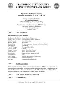 SAN DIEGO CITY-COUNTY REINVESTMENT TASK FORCE Agenda for the Regular Meeting Thursday, September 18, 2014, 12:00 PM County Administration Center 7th Floor Meeting Room