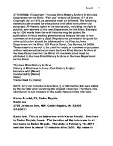 Arnold  1 ATTENTION: © Copyright The Iowa Blind History Archive at the Iowa Department for the Blind. 