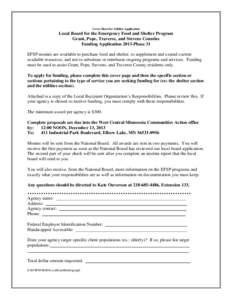 Cover Sheet for Utilities Application  Local Board for the Emergency Food and Shelter Program Grant, Pope, Traverse, and Stevens Counties Funding Application 2013-Phase 31 EFSP monies are available to purchase food and s