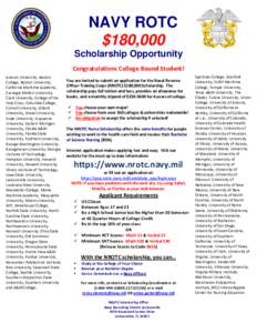 NAVY ROTC $180,000 Scholarship Opportunity Congratulations College Bound Student! Auburn University, Boston College, Boston University,