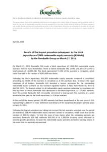 Results of the buyout procedure subsequent to the block purchase of 2009 redeemable equity warrants (BSAARs) by the Bonduelle Group on March 27, 2015