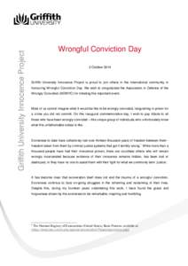 Griffith University Innocence Project  Wrongful Conviction Day 2 October[removed]Griffith University Innocence Project is proud to join others in the international community in