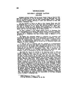 NECROLOGIES  Solomon Andrew Layton, born in Lncas County, Iowa on July 22, 1864, a n d died on Saturday a t noon on February[removed]in Oklahoma City. was the son of Andrew Layton and his wife, Jennette Miller layton. Fu