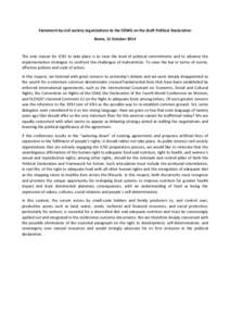 Statement	
  by	
  civil	
  society	
  organizations	
  to	
  the	
  OEWG	
  on	
  the	
  draft	
  Political	
  Declaration	
   Rome,	
  11	
  October	
  2014	
   	
   The	
   only	
   reason	
   for