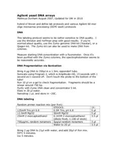 Agilent yeast DNA arrays Maitreya Dunham August 2007, Updated for UW in 2010 hybrid of Brown and deRisi lab protocols and various Agilent 60-mer oligo microarray processing (SSPE wash) protocols DNA This labeling protoco