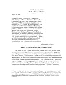 6860 Order re Modification of Screening Requirement STATE OF VERMONT PUBLIC SERVICE BOARD Docket No[removed]Petitions of Vermont Electric Power Company, Inc. (VELCO), Vermont Transco, LLC, Green Mountain Power