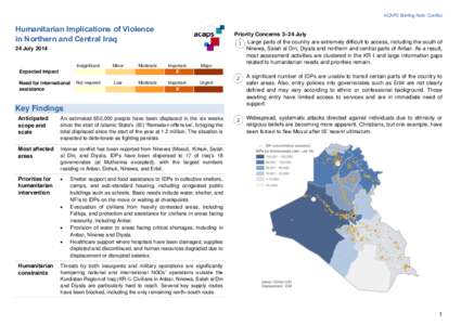 ACAPS Briefing Note: Conflict  Humanitarian Implications of Violence in Northern and Central Iraq 24 July 2014 Insignificant