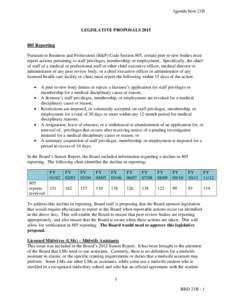 Agenda Item 21B  LEGISLATIVE PROPOSALS[removed]Reporting Pursuant to Business and Professions (B&P) Code Section 805, certain peer review bodies must report actions pertaining to staff privileges, membership, or employm