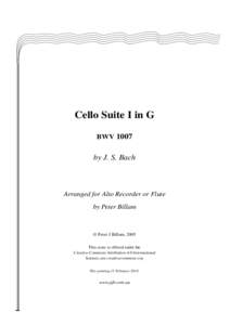 Cello Suite I in G BWV 1007 by J. S. Bach  Arranged for Alto Recorder or Flute