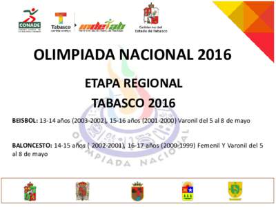 COMISIÓN NACIONAL DE CULTURA FÍSICA Y DEPORTE OLIMPIADA NACIONAL 2016 ETAPA REGIONAL TABASCO 2016
