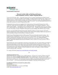 FOR IMMEDIATE RELEASE  Research Activity Stalls on Flat Research Income Large Institutions Advance, Smaller Hospitals Retreat Toronto, ON (29 October 2014) – Fiscal 2013 research activity at Canada’s Top 40 Research 