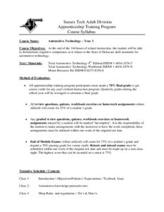 Sussex Tech Adult Division Apprenticeship Training Program Course Syllabus Course Name:  Automotive Technology – Year 3