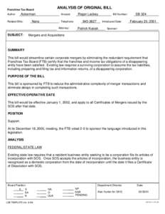 Senate Bill 324  Mergers & Acquisitions (Ackerman) Introduced[removed]