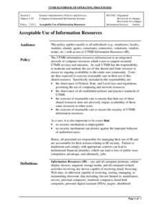 UTMB HANDBOOK OF OPERATING PROCEDURES Section 2 Subject 2.19 General Administrative Policies and Services Computers/Automated Information Systems