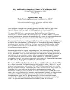 Gay and Lesbian Activists Alliance of Washington, D.C. P.O. Box 75265, Washington, DCwww.glaa.org Testimony on Bill 20-63, 