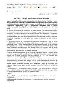 Association « Oui à la planification éolienne cantonale | www.eole-ne.ch  Communiqué de presse	
   La Chaux-de-Fonds, le 18 mai 2014	
    Un « OUI » clair à la planification éolienne cantonale !	
  