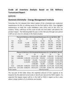 Crude oil Inventory Analysis Based on EIA Refinery Turnaround ReportDominick Chirichella – Energy Management Institute Yesterday the EIA released their latest update of the scheduled and unplanned maintenance 