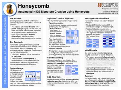 Honeycomb http://www.cl.cam.ac.uk/~cpk25/honeycomb Automated NIDS Signature Creation using Honeypots  Christian Kreibich