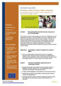 Gender equality Promoting a culture of women’s rights in Uzbekistan  An integrated project to reduce social marginality and empower vulnerable women  Testimonial of a beneficiary from Kokand region, Uzbekistan 