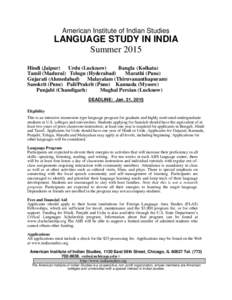 American Institute of Indian Studies  LANGUAGE STUDY IN INDIA Summer 2015 Hindi (Jaipur) Urdu (Lucknow)