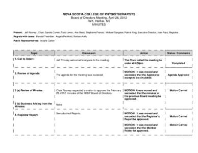 NOVA SCOTIA COLLEGE OF PHYSIOTHERAPISTS Board of Directors Meeting, April 26, 2012 IWK, Halifax, NS MINUTES Present: Jeff Rooney , Chair; Sandra Curwin; Todd Lewin; Ann Read, Stephanie Francis; Michael Sangster; Patrick 