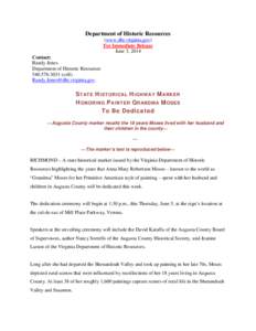Department of Historic Resources (www.dhr.virginia.gov) For Immediate Release June 3, 2014 Contact: Randy Jones