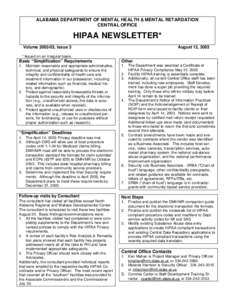 ALABAMA DEPARTMENT OF MENTAL HEALTH & MENTAL RETARDATION CENTRAL OFFICE HIPAA NEWSLETTER* Volume[removed], Issue 3