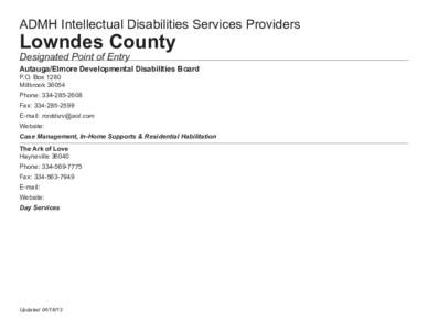 ADMH Intellectual Disabilities Services Providers  Lowndes County Designated Point of Entry  Autauga/Elmore Developmental Disabilities Board