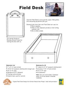 Field Desk Use this Field Desk to carry pencils, paper, ﬁeld guides, and measuring equipment with you. Students who have their own Field Desk can use it to: ● Store supplies, ● Write on (the clipboard provides a ha