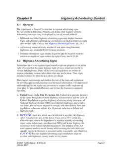 Chapter 8	  Highway Advertising Control 8.1  General The department is directed by state law to regulate advertising signs