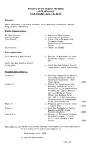 Minutes of the Regular Meeting of Council