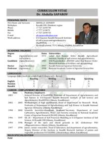 CURRICULUM VITAE Dr. Abdulla SAPAROV PERSONAL DATA First Name and Surname Birthplace Phone