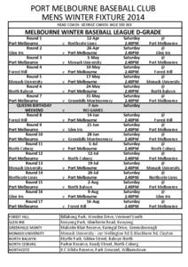 PORT MELBOURNE BASEBALL CLUB MENS WINTER FIXTURE 2014 HEAD COACH: GEORGE CAMOV[removed]MELBOURNE WINTER BASEBALL LEAGUE D-GRADE Round 1