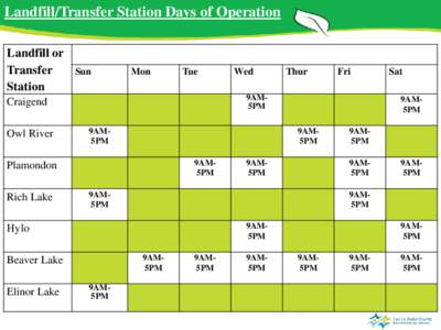 Landfill/Transfer Station Days of Operation Landfill or Transfer Station  Sun