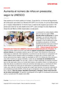 EDUCACIÓN  Aumenta el número de niños en preescolar, según la UNESCO