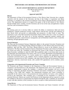 PROCEDURES AND CRITERIA FOR PROMOTION AND TENURE PLANT AND ENVIRONMENTAL SCIENCES DEPARTMENT New Mexico State University June 20, 2011 Approved April, 2011 Mission