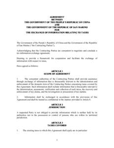 AGREEMENT BETWEEN THE GOVERNMENT OF THE PEOPLE PEOPLE’’S REPUBLIC OF CHINA AND THE GOVERNMENT OF THE REPUBLIC OF SAN MARINO
