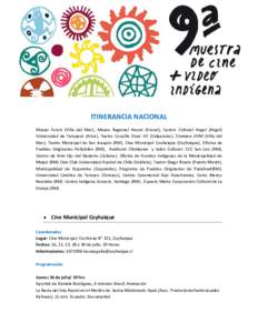 ITINERANCIA NACIONAL Museo Fonck (Viña del Mar), Museo Regional Ancud (Ancud), Centro Cultural Angol (Angol) Universidad de Tarapacá (Arica), Teatro Cousiño Duoc UC (Valparaíso), Cineteca UVM (Viña del Mar), Teatro 