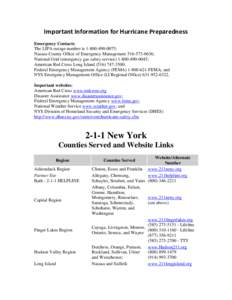Important Information for Hurricane Preparedness Emergency Contacts: The LIPA outage number is[removed]; Nassau County Office of Emergency Management[removed]; National Grid (emergency gas safety service[removed]