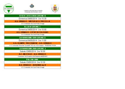 COMITATO PROVINCIALE DI MONZA STAGIONE SPORTIVA[removed]TERZA CATEGORIA GIRONE B  Domenica[removed]Ore 15:30