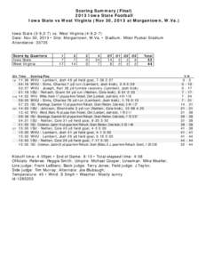 Scoring Summary (Final[removed]Iowa State Football Iowa State vs West Virginia (Nov 30, 2013 at Morgantown, W.Va.) Iowa State (3-9,2-7) vs. West Virginia (4-8,2-7) Date: Nov 30, 2013 • Site: Morgantown, W.Va. • Stadium