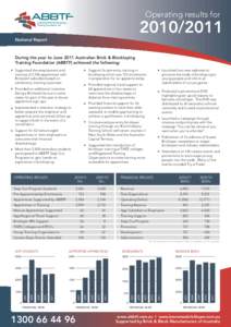 Operating results for[removed]National Report  During the year to June 2011 Australian Brick & Blocklaying