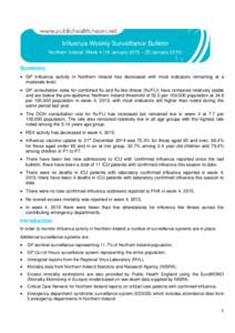 Influenza Weekly Surveillance Bulletin Northern Ireland, Week[removed]January 2015 – 25 January[removed]Summary  GP Influenza activity in Northern Ireland has decreased with most indicators remaining at a moderate level