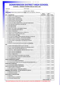 DONNYBROOK DISTRICT HIGH SCHOOL TAX INVOICE - PERSONAL STATIONERY ITEMS LIST YEAR 8 – 2015 SURNAME: ___________________________ FIRST NAME: __________________________ PHONE: _____________________________ GENDER: MALE /