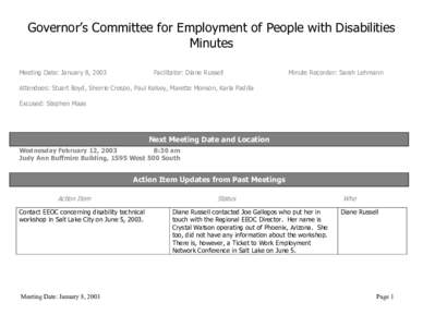 Governor’s Committee for Employment of People with Disabilities Minutes Meeting Date: January 8, 2003 Facilitator: Diane Russell