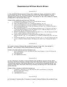 Descendants of William Martin Brown Generation No[removed]W ILLIAM MARTIN1 BROWN was born 18 Aug 1794 in Halifax Co. Virginia, and died 03 Jun 1861 in Hammonsville, Hart Co. Ky.. He married CHRISTIANA YATES 07 Nov 1812 in 